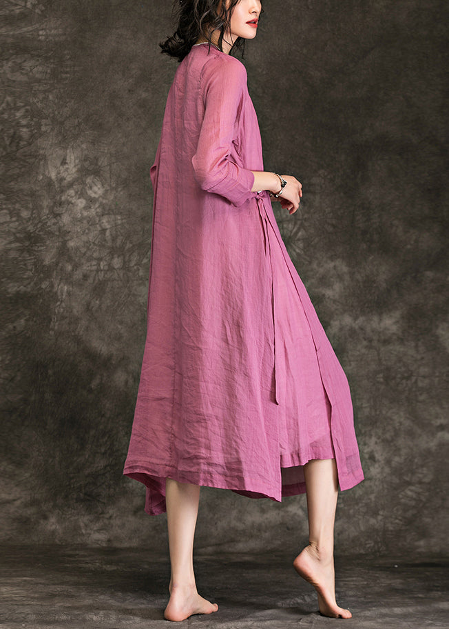Frauen O-Ausschnitt Krawatte Taille Leinen Lange Hemden Feine Hemden rosa Plus Size Kleid Sommer