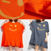 Women orange Cotton dresses Fitted Sewing o neck half sleeve Knee summer Dress