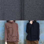 Women patchwork cotton high neck linen tops women blouses Work black tops - SooLinen