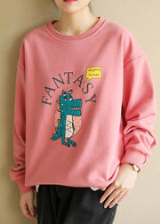 Women pink cotton linen tops women blouses Cartoon print Dresses o neck blouse - SooLinen