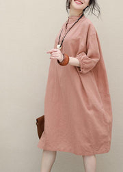 Women pink linen Robes stand collar Batwing Sleeve loose summer Dresses - SooLinen
