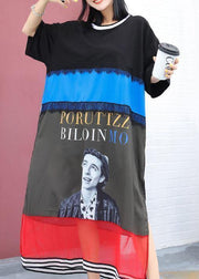 Women prints Cotton tunics for women pattern black patchwork Dresses summer - SooLinen