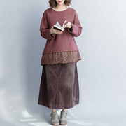 Women purple red cotton clothes 2025 Cotton baggy o neck hollow out top