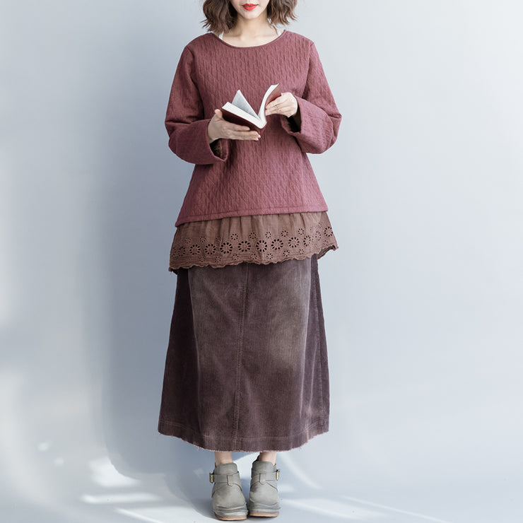 Women purple red cotton clothes 2025 Cotton baggy o neck hollow out top