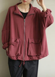 Women red fine coat for woman design stand collar zippered  outwears - SooLinen