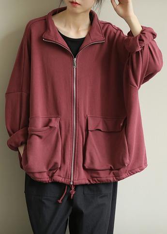 Women red fine coat for woman design stand collar zippered  outwears - SooLinen