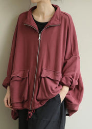 Women red fine coat for woman design stand collar zippered  outwears - SooLinen