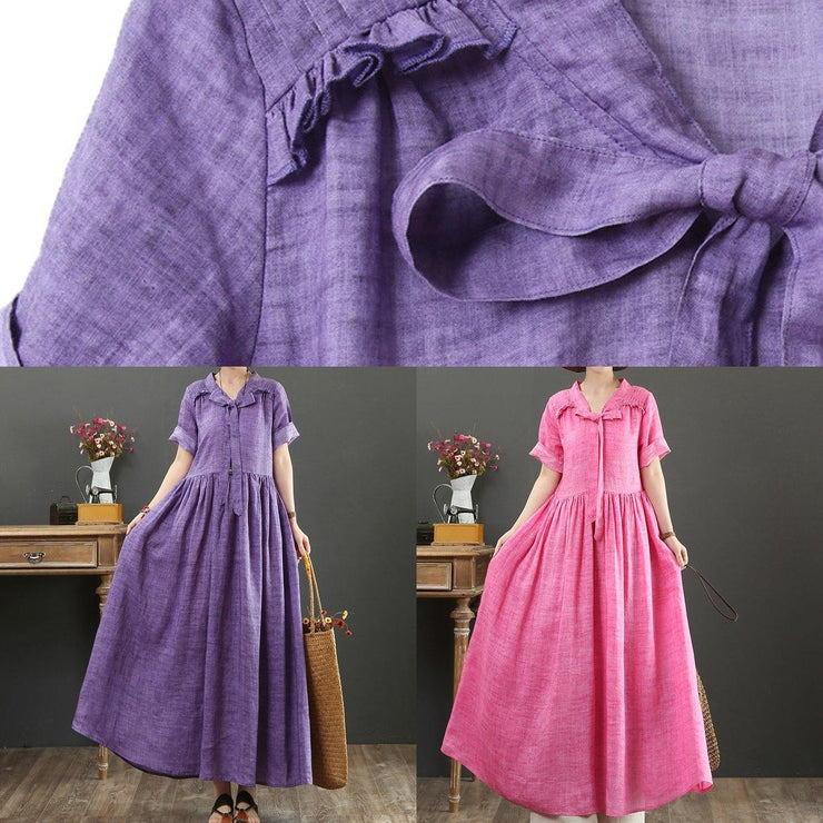 Women rose linen cotton clothes For Women v neck Bow Art summer Dress - SooLinen