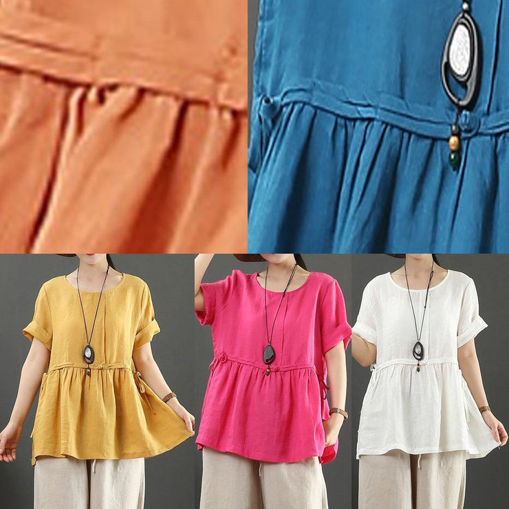 Women rose linen linen tops o neck Plus Size Clothing summer shirts - SooLinen