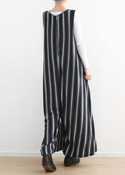 Women sleeveless big pockets cotton quilting pants Sleeveless black striped Plus Size jumpsuit pants summer - SooLinen