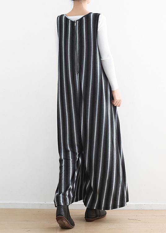 Women sleeveless big pockets cotton quilting pants Sleeveless black striped Plus Size jumpsuit pants summer - SooLinen