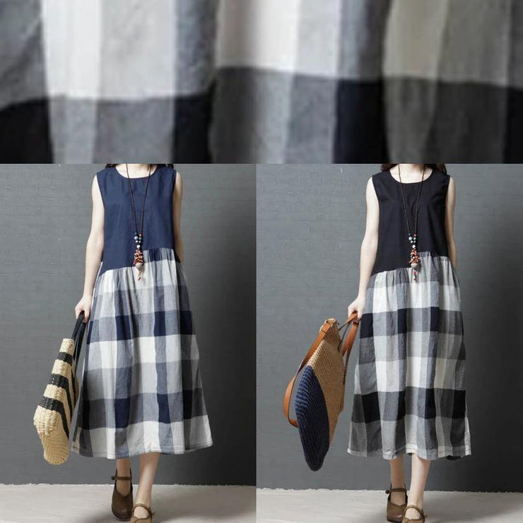 Women sleeveless linen clothes For Wardrobes blue patchwork Plaid Dresses - SooLinen