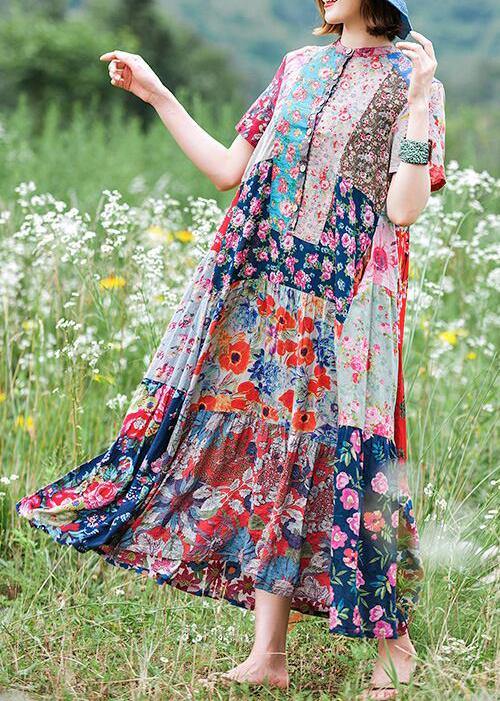 Women stand collar exra large hem cotton Tunics Runway floral Kaftan Dress - SooLinen