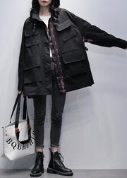 Women stand collar pockets  casual coats khaki patchwork plaid jackets - SooLinen