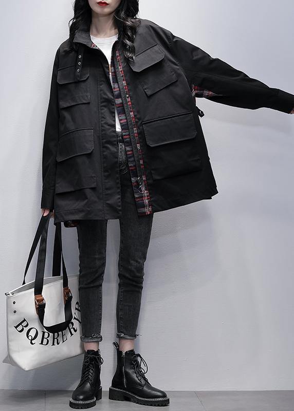 Women stand collar pockets  casual coats khaki patchwork plaid jackets - SooLinen