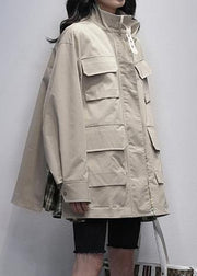 Women stand collar pockets  casual coats khaki patchwork plaid jackets - SooLinen