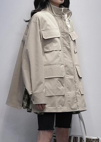 Women stand collar pockets  casual coats khaki patchwork plaid jackets - SooLinen