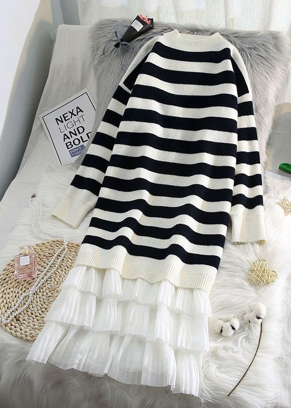 Women striped Sweater weather fashion patchwork Fuzzy knit dress - SooLinen