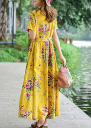Women tie waist cotton quilting dresses design yellow print Dresses summer - SooLinen