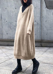 Women v neck Sweater dress outfit Largo khaki tunic sweater dress - SooLinen