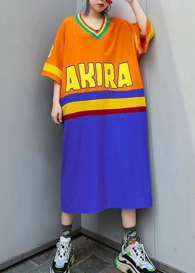 Women v neck half sleeve cotton clothes Inspiration orange blue patchwork Plus Size Dress summer - SooLinen