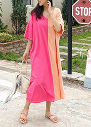 Women v neck patchwork cotton Tunics Tunic Tops pink Kaftan Dress - SooLinen