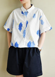 Women white print Wardrobes lapel Button Down summer tops - SooLinen