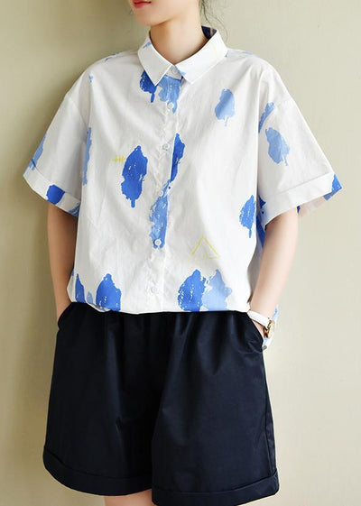Women white print Wardrobes lapel Button Down summer tops - SooLinen