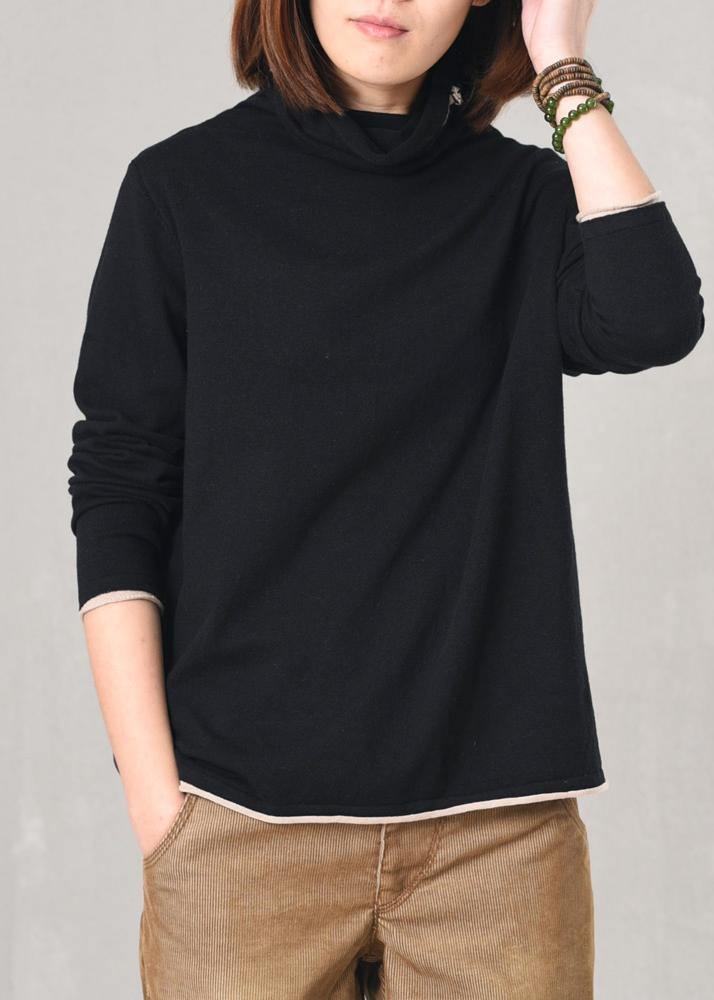 Women wild  knitted pullover Loose fitting black sweaters high neck - SooLinen