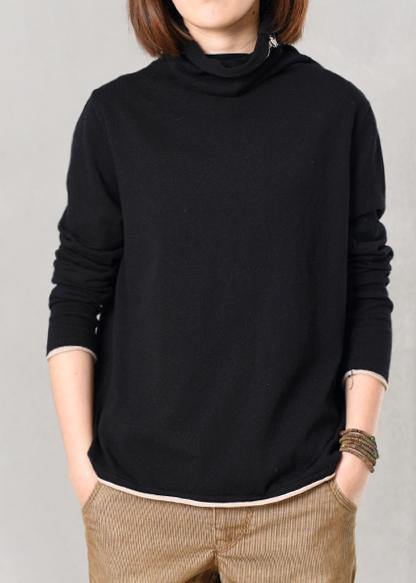 Women wild  knitted pullover Loose fitting black sweaters high neck - SooLinen