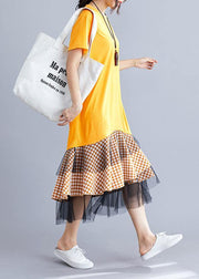 Women yellow cotton tunic dress patchwork plaid A Line summer Dresses - SooLinen