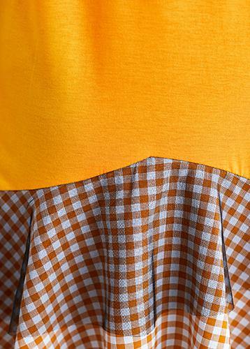 Women yellow cotton tunic dress patchwork plaid A Line summer Dresses - SooLinen