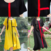 Women yellow embroidery linen cotton o neck baggy summer Dresses - SooLinen
