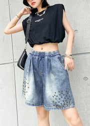 Women's loose straight denim blue shorts large size thin section rivet hole five-point pants - SooLinen