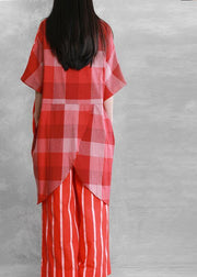 Women's loose suits, wear more red stripes stitching shirts, casual wide-leg pants - SooLinen