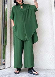 Women's retro plus size was thin and windy and wide-leg pants green two-piece suit - SooLinen