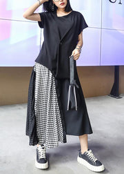 Women's summer mid-length a-line skirt high waist fashion black stitching chiffon plaid skirt - SooLinen