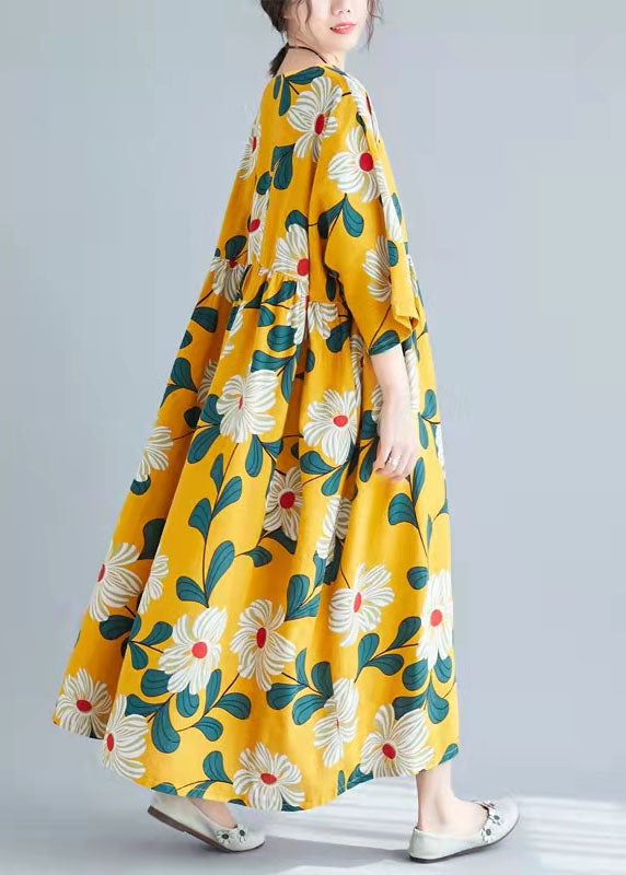 Frauen o Hals Krawatte Taille Baumwollkleidung für Frauen pakistanische Kleiderschränke gelber Druck Tunika Kleid Sommer