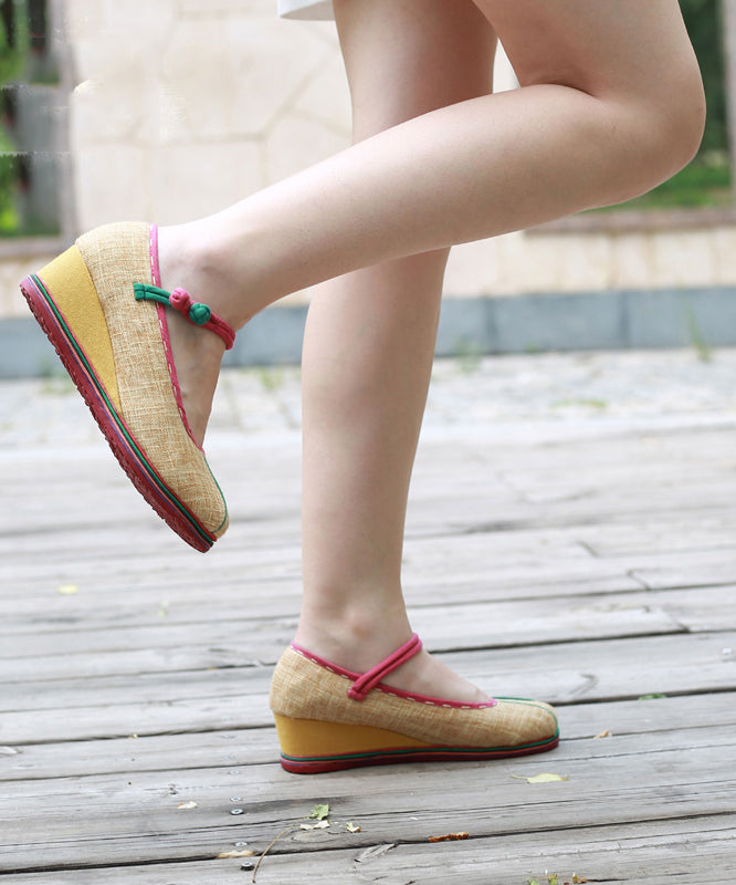 Gelbe High Wedge Heels Schuhe Grobstrick Baumwollstoff Retro Buckle Strap High Wedge Heels Schuhe