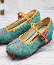 Gelbe High Wedge Heels Schuhe Grobstrick Baumwollstoff Retro Buckle Strap High Wedge Heels Schuhe