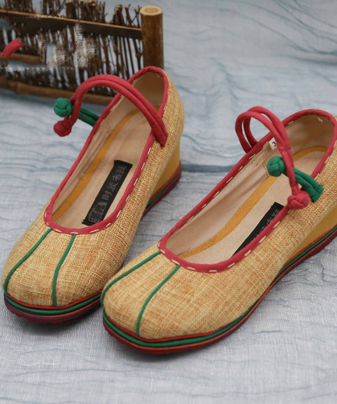 Gelbe High Wedge Heels Schuhe Grobstrick Baumwollstoff Retro Buckle Strap High Wedge Heels Schuhe