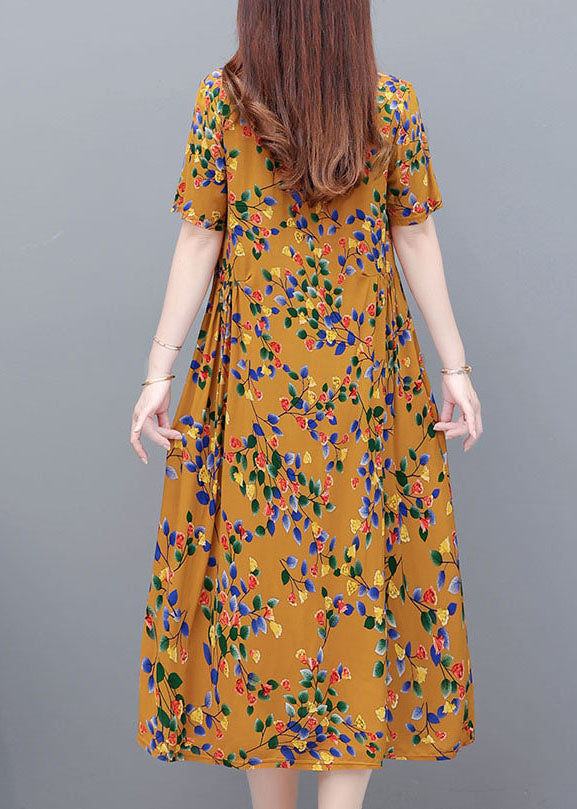 Yellow Print Cotton Party Dress Wrinkled Pockets Short Sleeve