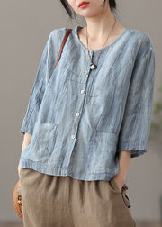 Yellow Solid Patchwork Linen Shirt Tops Pockets Bracelet Sleeve