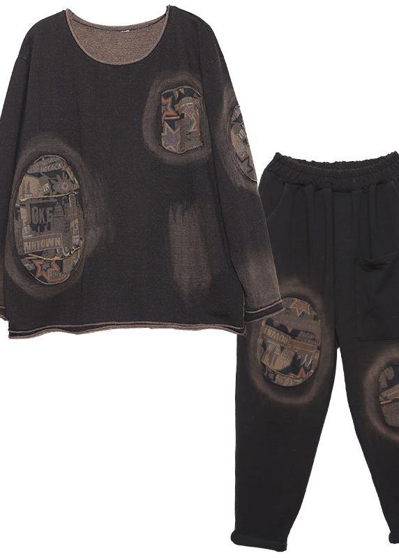 Autumn Black Appliques Suit Loose Casual Cotton Sport Two Pieces - SooLinen