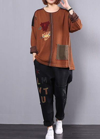 autumn casual vintage khaki patchwork tops and black casual pants two pieces - SooLinen