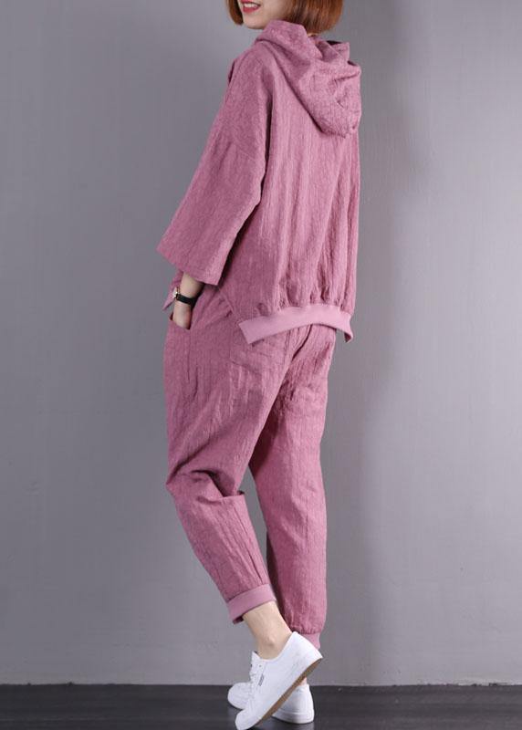 autumn dark pink hooded vintage tops and women casual trousers two pieces - SooLinen