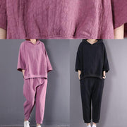 autumn dark pink hooded vintage tops and women casual trousers two pieces - SooLinen