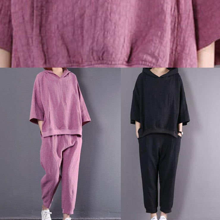 autumn dark pink hooded vintage tops and women casual trousers two pieces - SooLinen