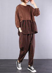 autumn khaki patchwork striped tops with elastic waist pants two pieces - SooLinen
