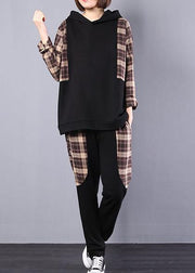 autumn women black patchwork khaki plaid hooded tops and casual pants two pieces - SooLinen